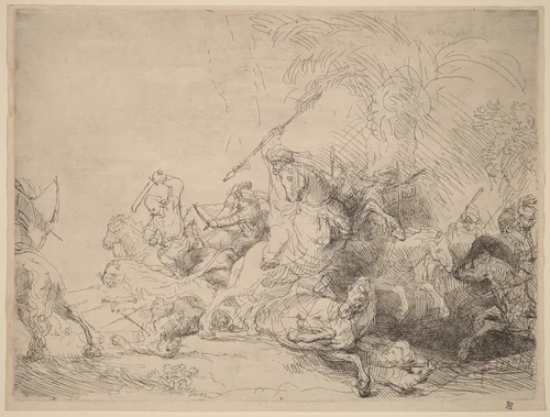 The Large Lion Hunt by Rembrandt van Rijn, print, 1641
