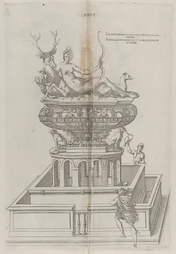 Fountain with a Sculpture of the Godess Diana at Chateau d'Anet by Jacques Androuet du Cerceau, print, 1607