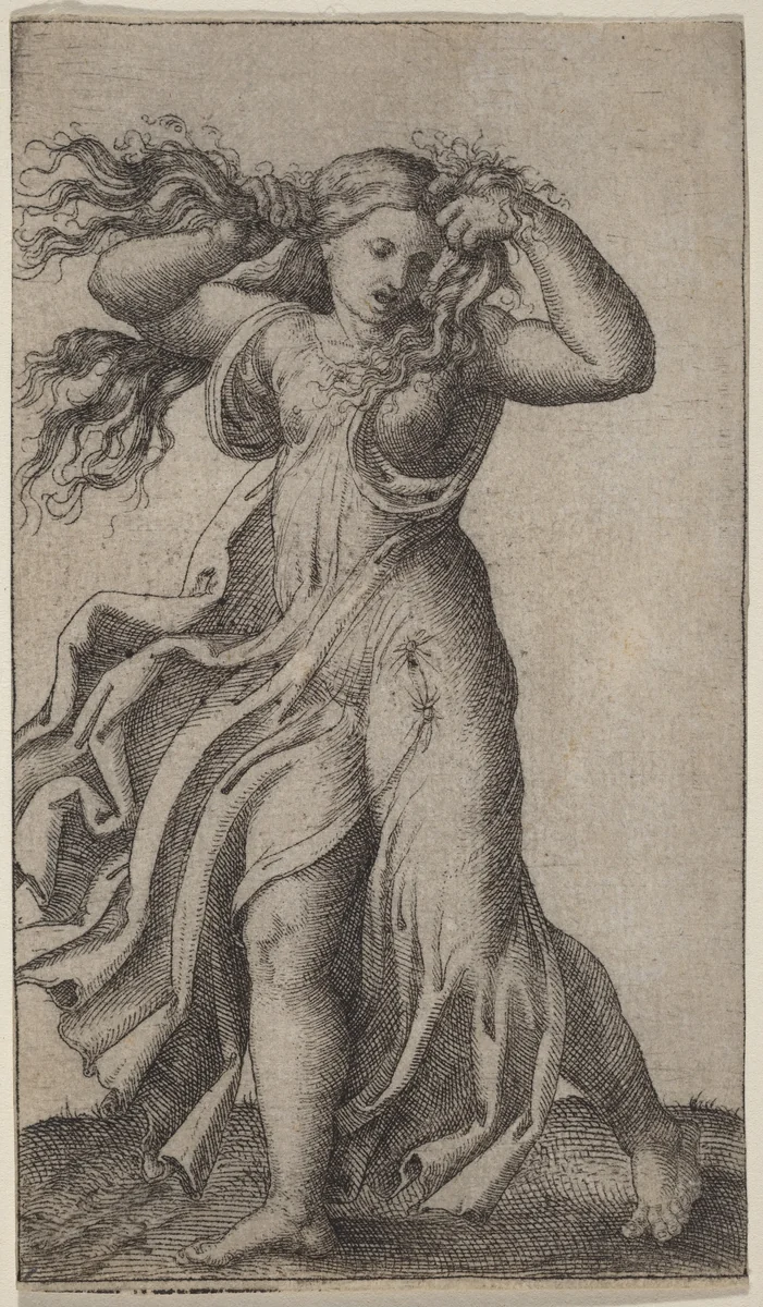 Woman Pulling Her Hair by Marcantonio Raimondi, print, 1520-1525