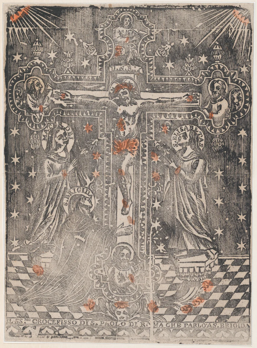 Christ on the cross flanked by the Virgin, Saint Brigit and Saint Elisabeth by anonymous, print, 1475-1485