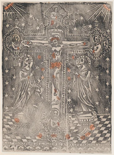 Christ on the cross flanked by the Virgin, Saint Brigit and Saint Elisabeth by anonymous, print, 1475-1485