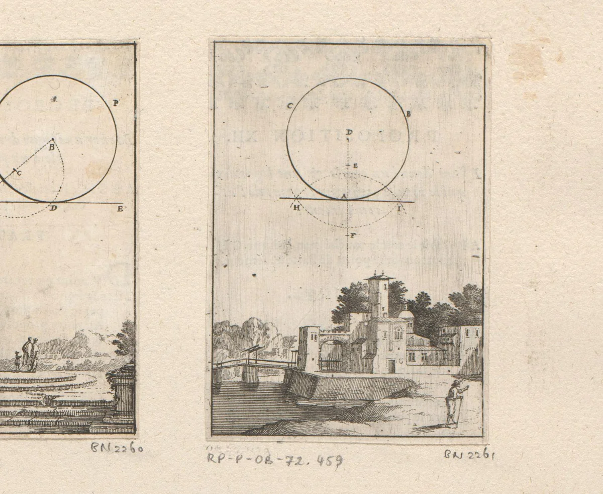 Rechte lijn die een cirkel raakt met onderaan een stadsgezicht by Sébastien Leclerc, print, 1669