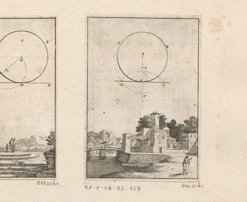 Rechte lijn die een cirkel raakt met onderaan een stadsgezicht by Sébastien Leclerc, print, 1669