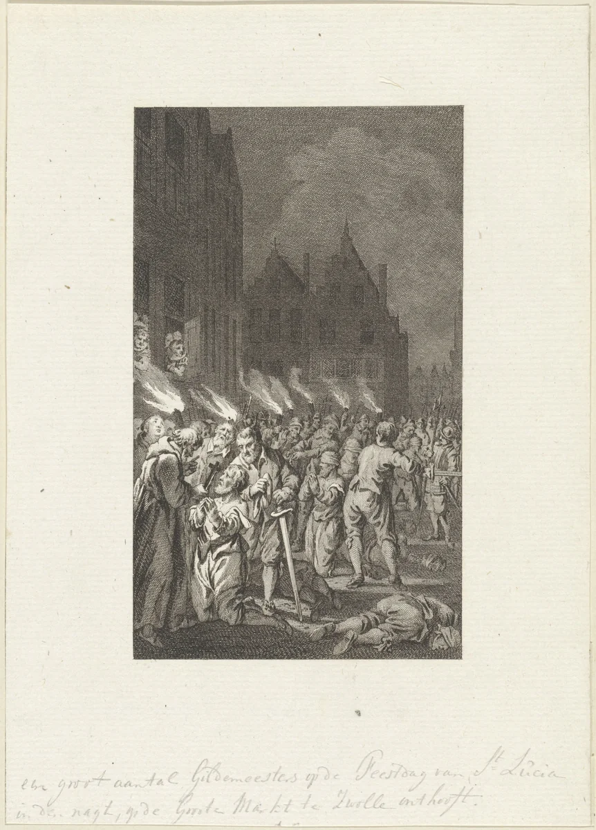Onthoofding van de gildemeesters op de Grote Markt te Zwolle by Reinier Vinkeles, print, 1783-1799