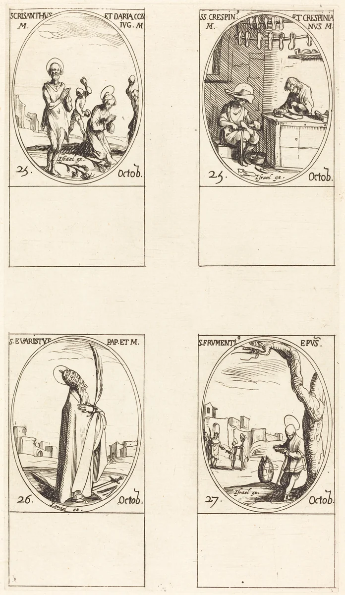 Sts. Chrysanthus & Daria; Sts. Crispin & Crispinian; St. Evaristus; St. Frumentius by Jacques Callot, print, 1627-1637
