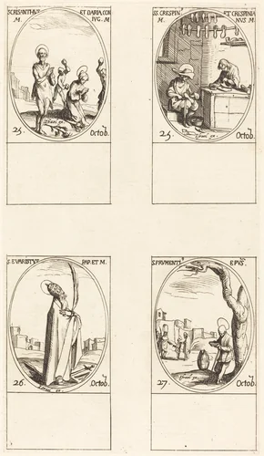Sts. Chrysanthus & Daria; Sts. Crispin & Crispinian; St. Evaristus; St. Frumentius by Jacques Callot, print, 1627-1637