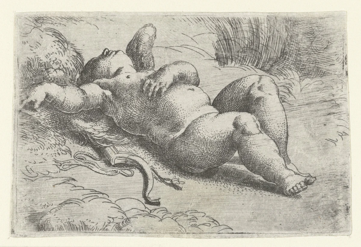 Slapende cupido by Parmigianino, print, 1513-1540