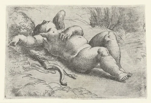 Slapende cupido by Parmigianino, print, 1513-1540