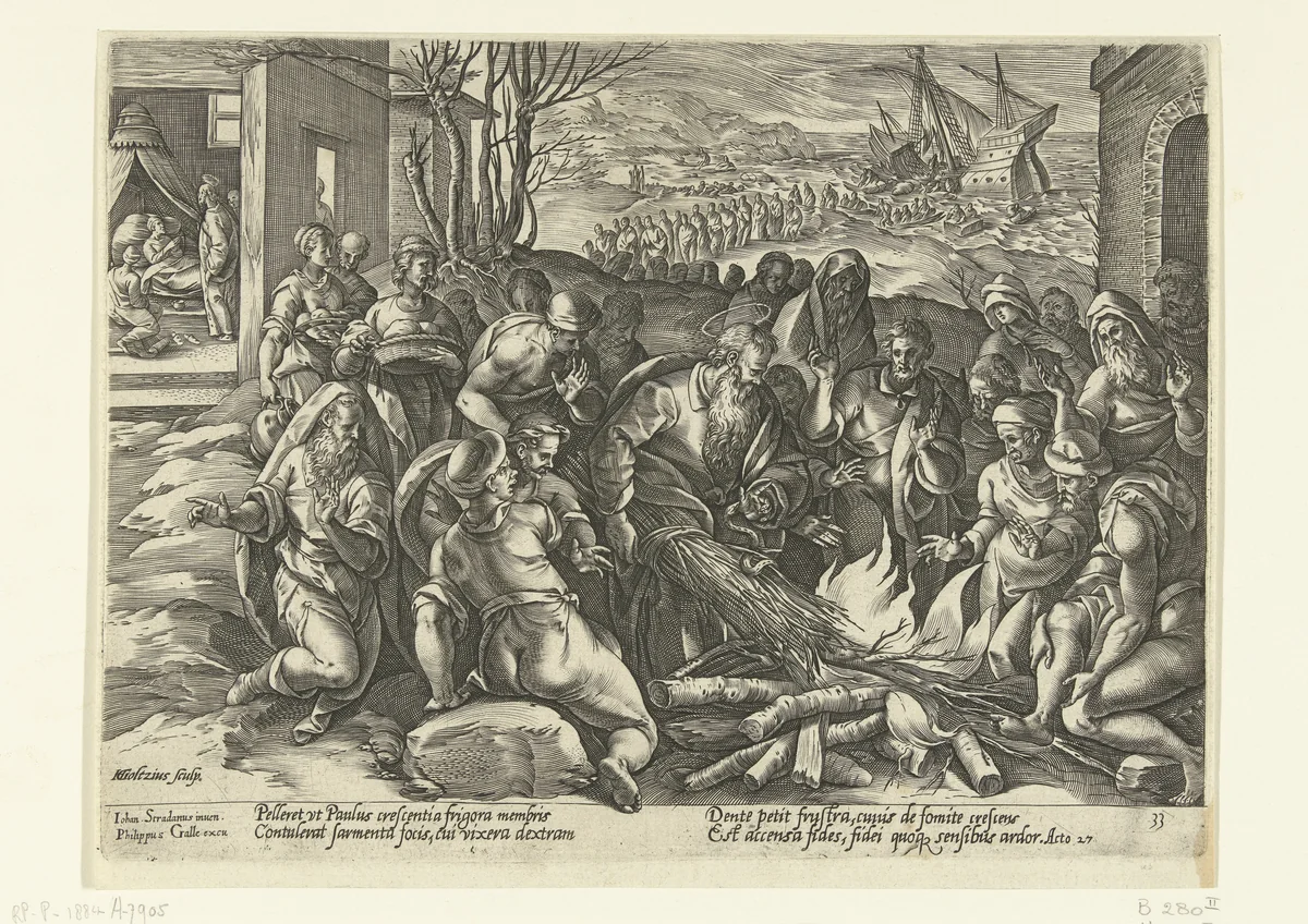Paulus door een adder in de hand gebeten by Unknown, print, 1580-1584