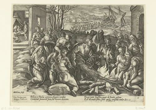 Paulus door een adder in de hand gebeten by Unknown, print, 1580-1584