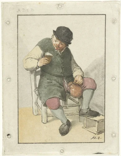 Zittende boer met kruik by Cornelis Ploos van Amstel, print, 1763-1768