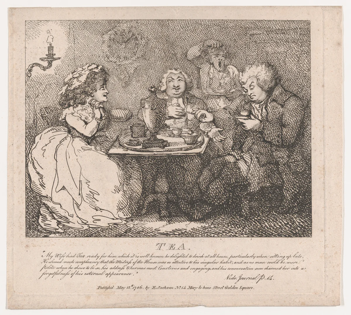 Tea (Picturesque Beauties of Boswell, Part the First) by Thomas Rowlandson, print, 1786