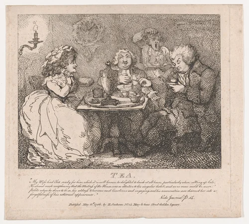 Tea (Picturesque Beauties of Boswell, Part the First) by Thomas Rowlandson, print, 1786