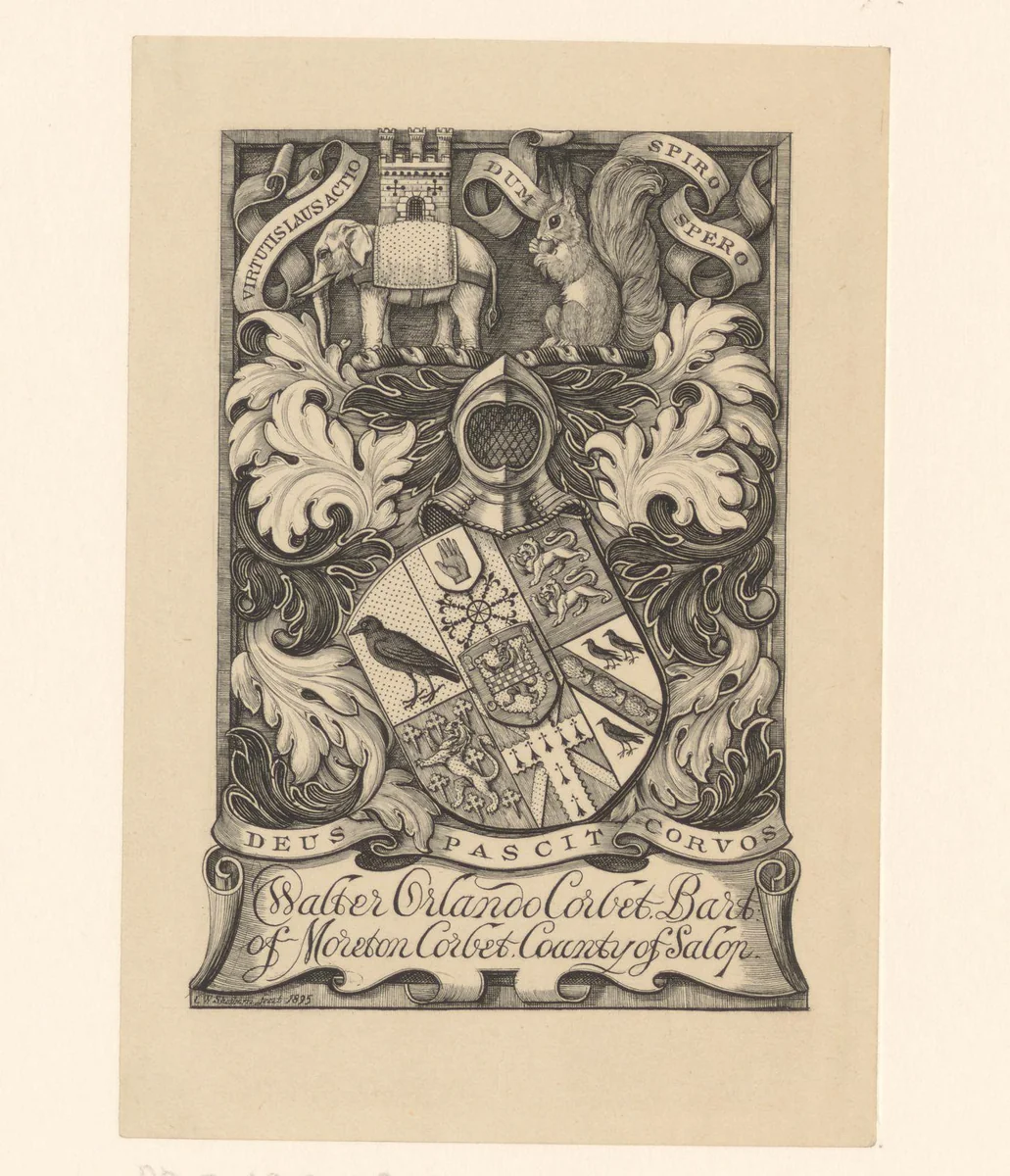 Ex libris van Walter Orlando Corbet by Charles William Sherborn, print, 1895