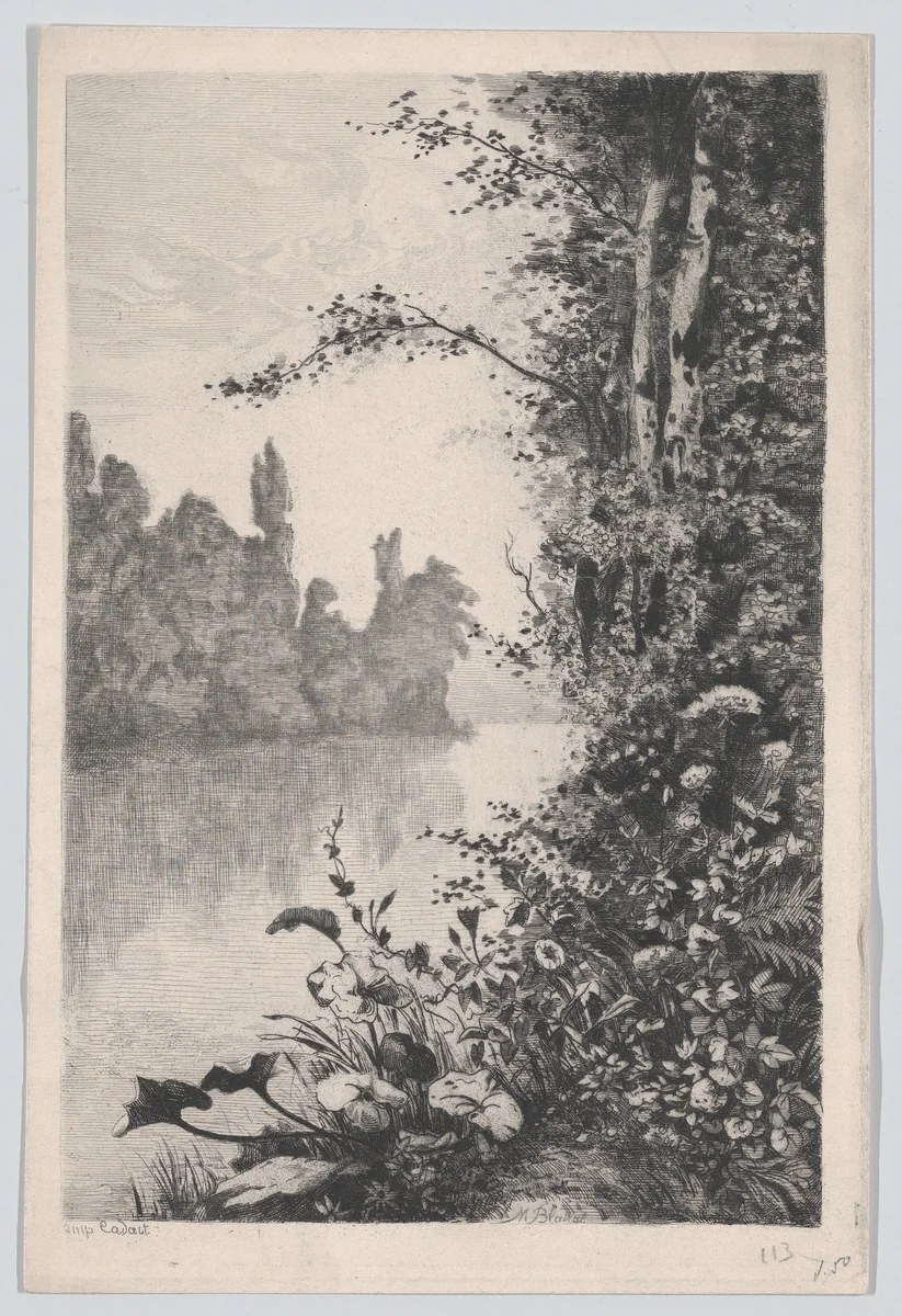 View of Flowers and Trees along a River Bank by Marcel Blairat, print, 1870-1891