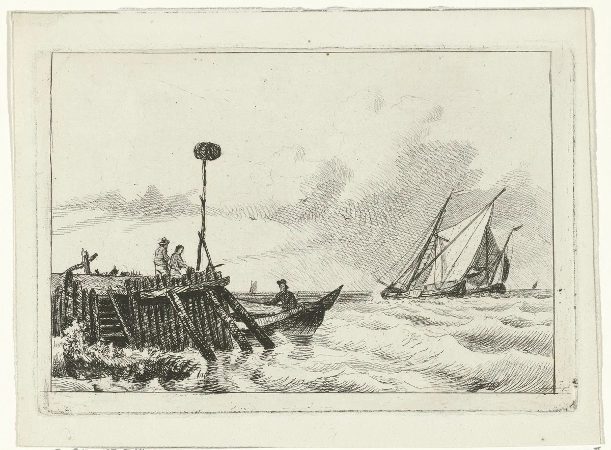 Pier aan water by Willem Gruyter jr., print, 1832-1880