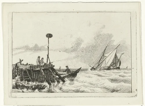 Pier aan water by Willem Gruyter jr., print, 1832-1880