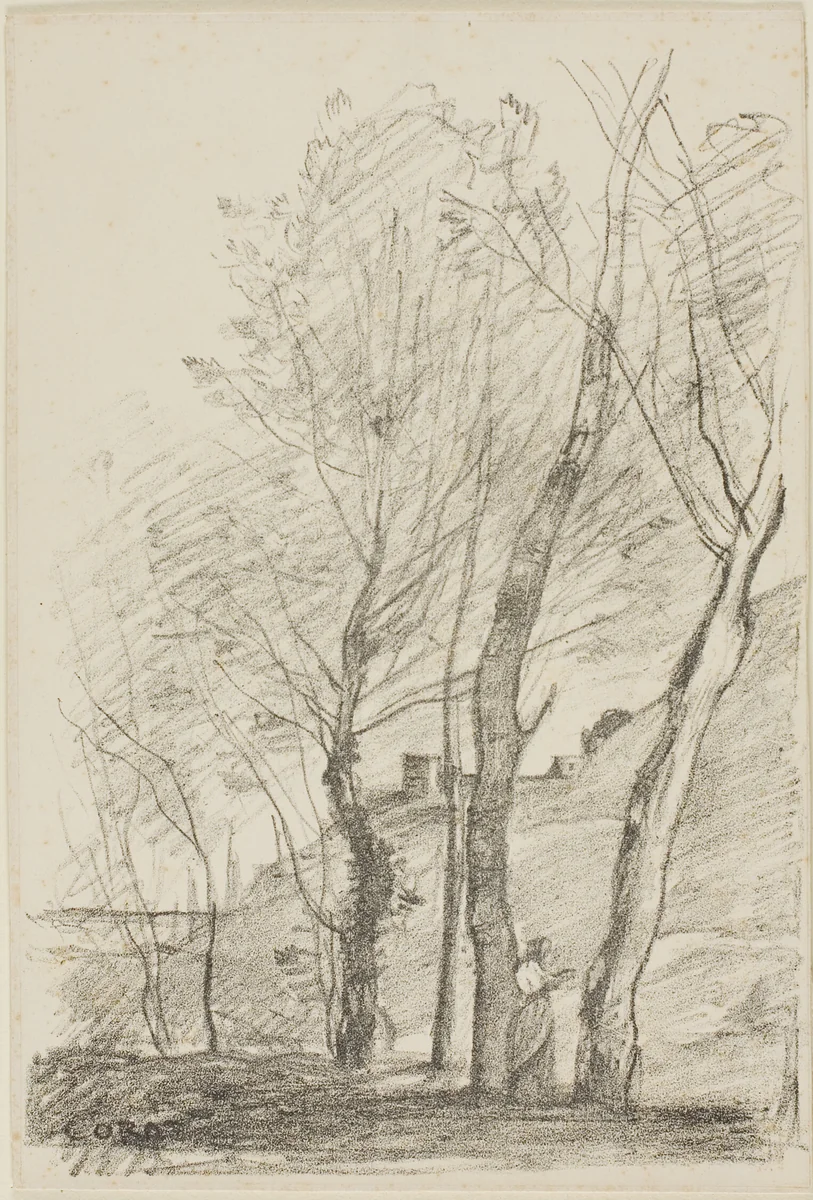 Reading Beneath the Trees by Jean-Baptiste-Camille Corot, print, 1874