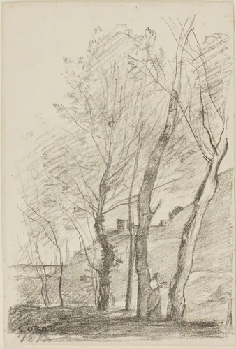 Reading Beneath the Trees by Jean-Baptiste-Camille Corot, print, 1874