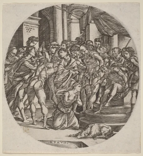 Beheading of Saint Catherine by Domenico Campagnola, print, 1517