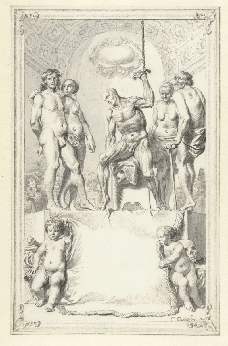 Titelblad met modellen voor anatomische tekenoefeningen by Casper Casteleyn, drawing, 1653