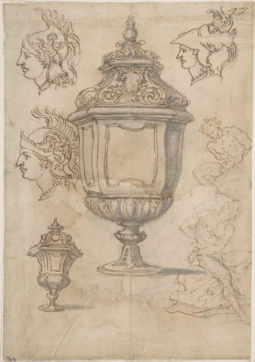 Sheet with sketches and designs for two vases, three classical heads en profil and two slave figures (recto); Design for a Vase and a Nude Male Figure (verso) by Giovanni Battista Foggini, drawing, 1652-1725