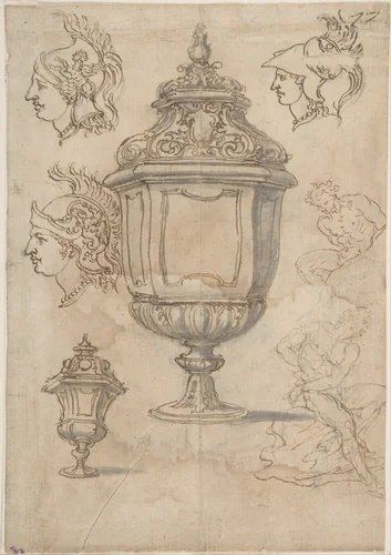 Sheet with sketches and designs for two vases, three classical heads en profil and two slave figures (recto); Design for a Vase and a Nude Male Figure (verso) by Giovanni Battista Foggini, drawing, 1652-1725