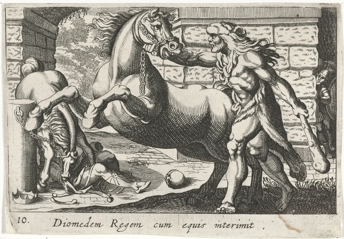 Hercules temt de paarden van Diomedes by Simon Frisius, print, 1610-1664
