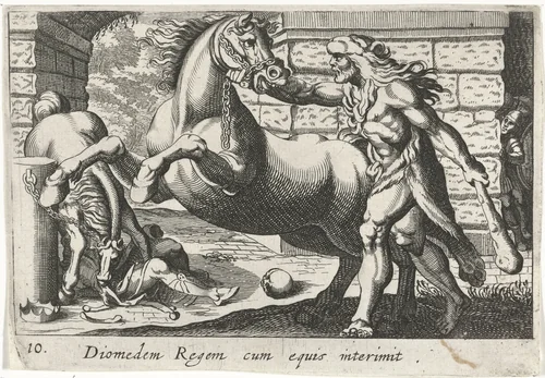 Hercules temt de paarden van Diomedes by Simon Frisius, print, 1610-1664