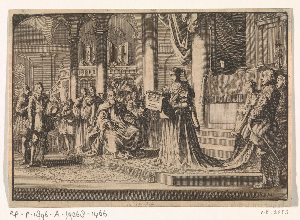 Kerk te Innsbrück waar Christina van Zweden haar verklaring van haar overgang naar de katholieke kerk voorleest, 1655 by Jan Luyken, print, 1698