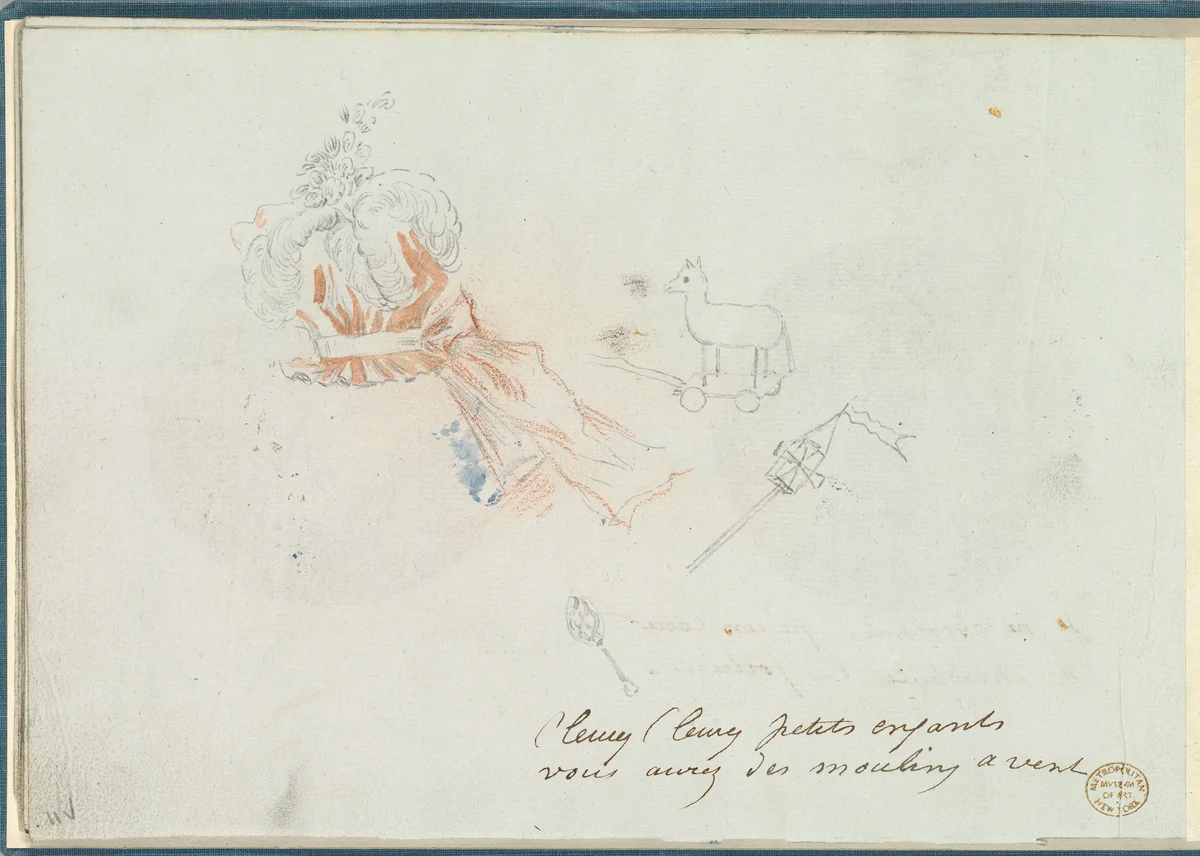 A Costume Design Sketch for a Hat and Three Sketches of Children's Toys by anonymous, other, 1785-1790