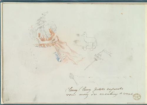 A Costume Design Sketch for a Hat and Three Sketches of Children's Toys by anonymous, other, 1785-1790