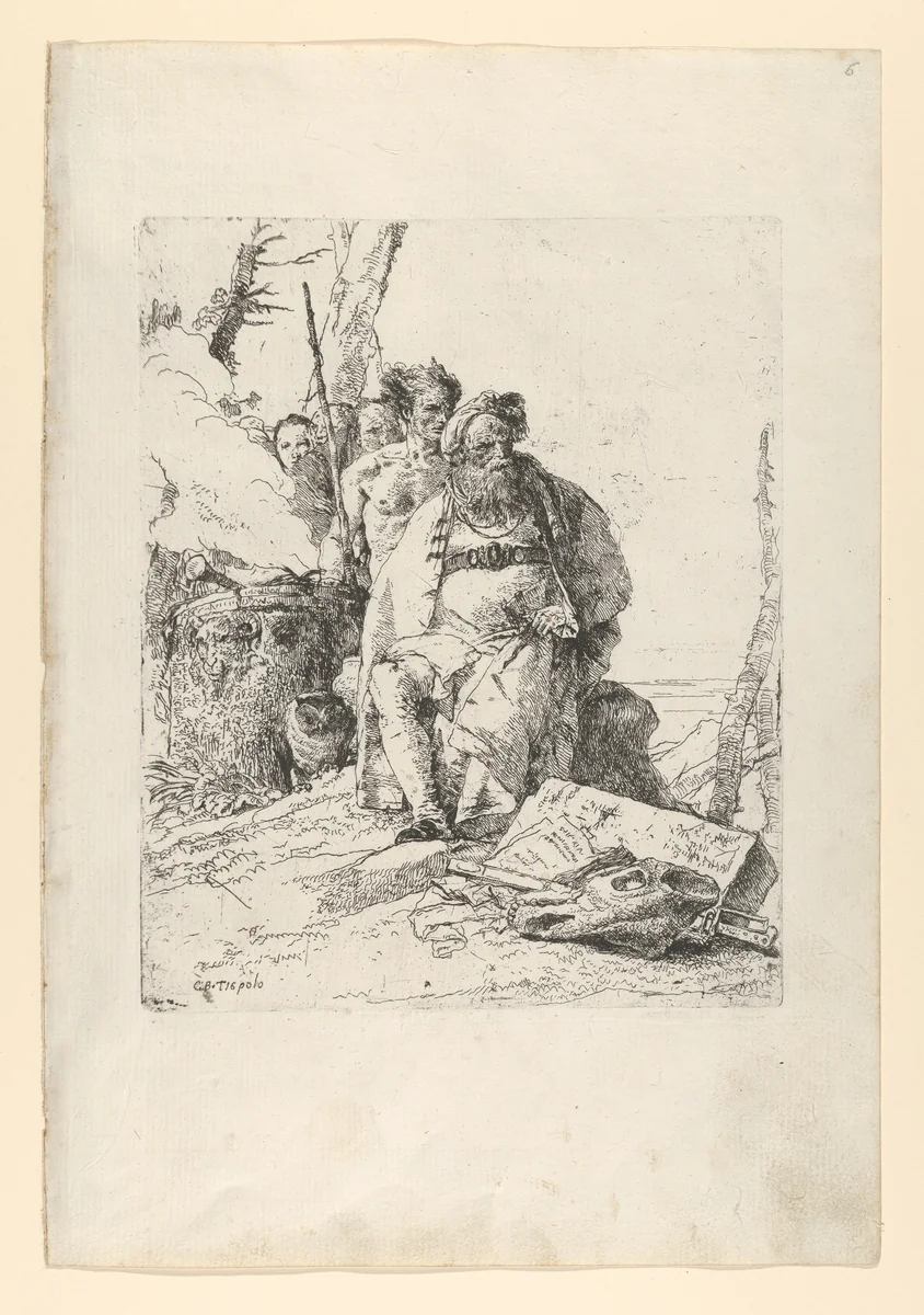 Magician with four Figures near a smoking Altar, from the Scherzi by Giovanni Battista Tiepolo, print, 1738-1757