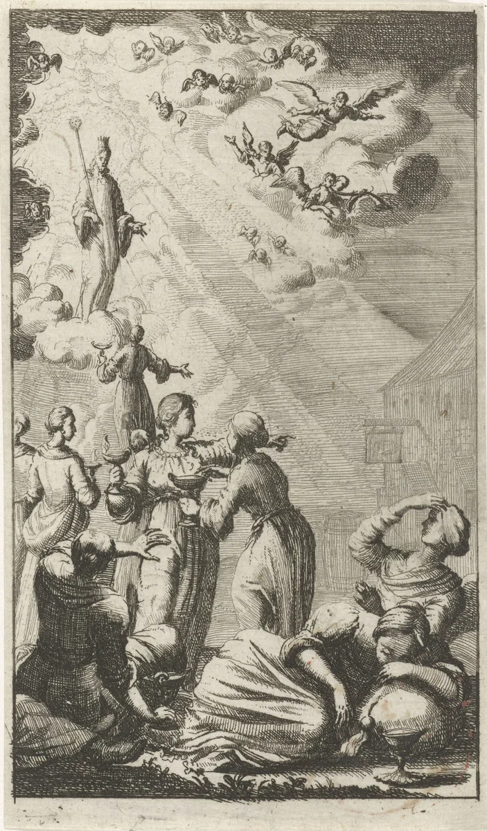 Gelijkenis van de wijze en dwaze maagden by anonymous, print, 1681-1762