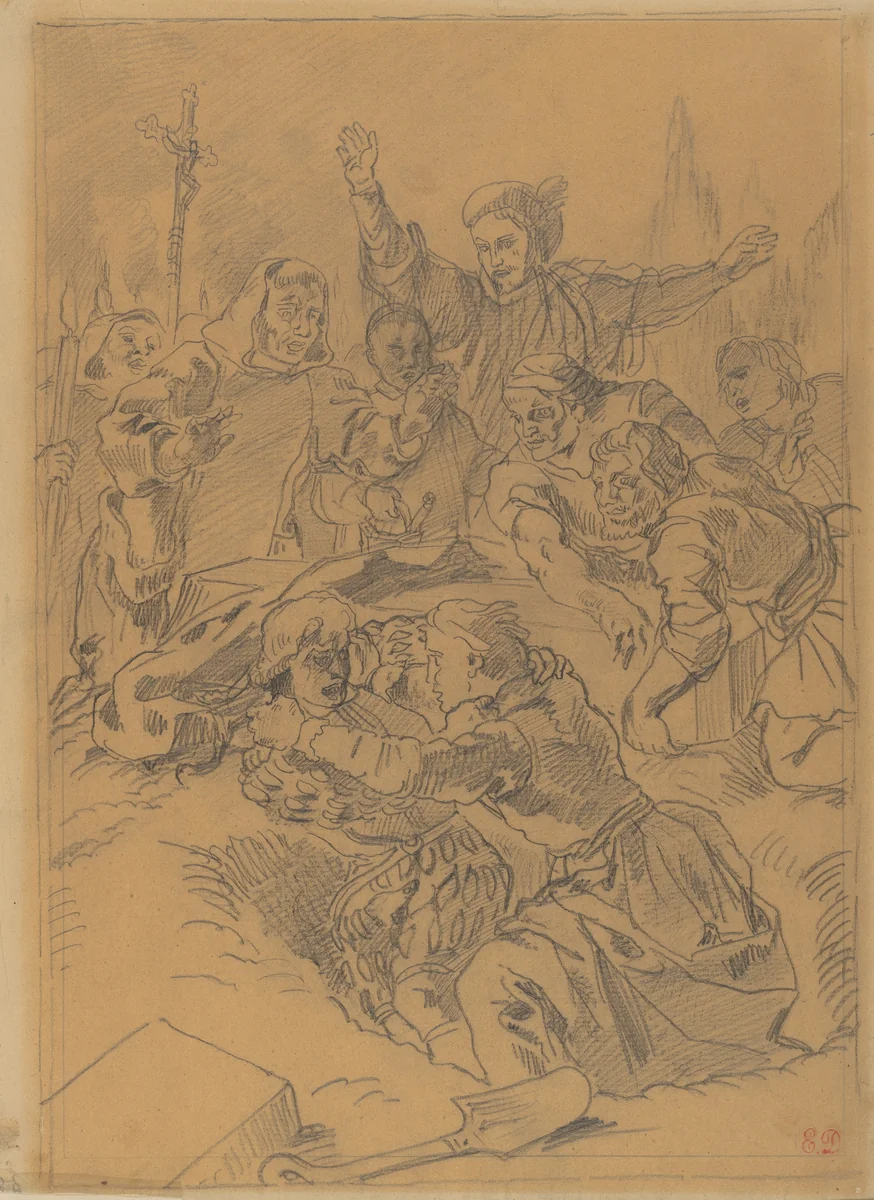 Hamlet and Laertes at the Tomb of Ophelia by Eugène Delacroix, drawing, 1838-1848