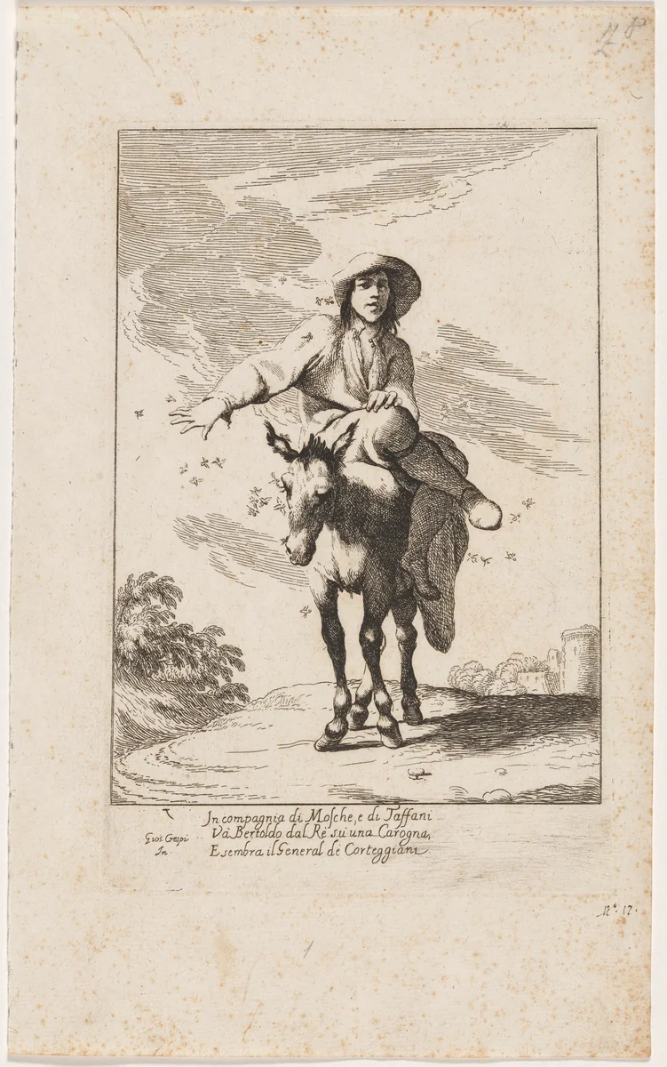 Bertoldo Riding a Donkey by Giuseppe Maria Crespi, print, 1705-1715