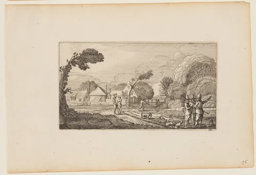 Several Men on Path Before a Farm, from Twelve landscapes with Figures by Gillis van Scheyndel, print, 1624