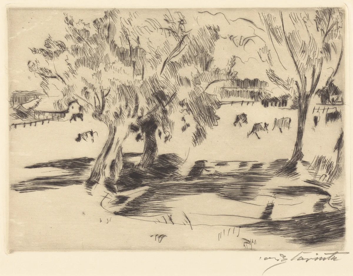 Landschaft mit Kühen (Landscape with Cows) by Lovis Corinth, print, 1917