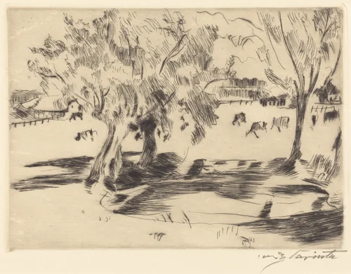 Landschaft mit Kühen (Landscape with Cows) by Lovis Corinth, print, 1917