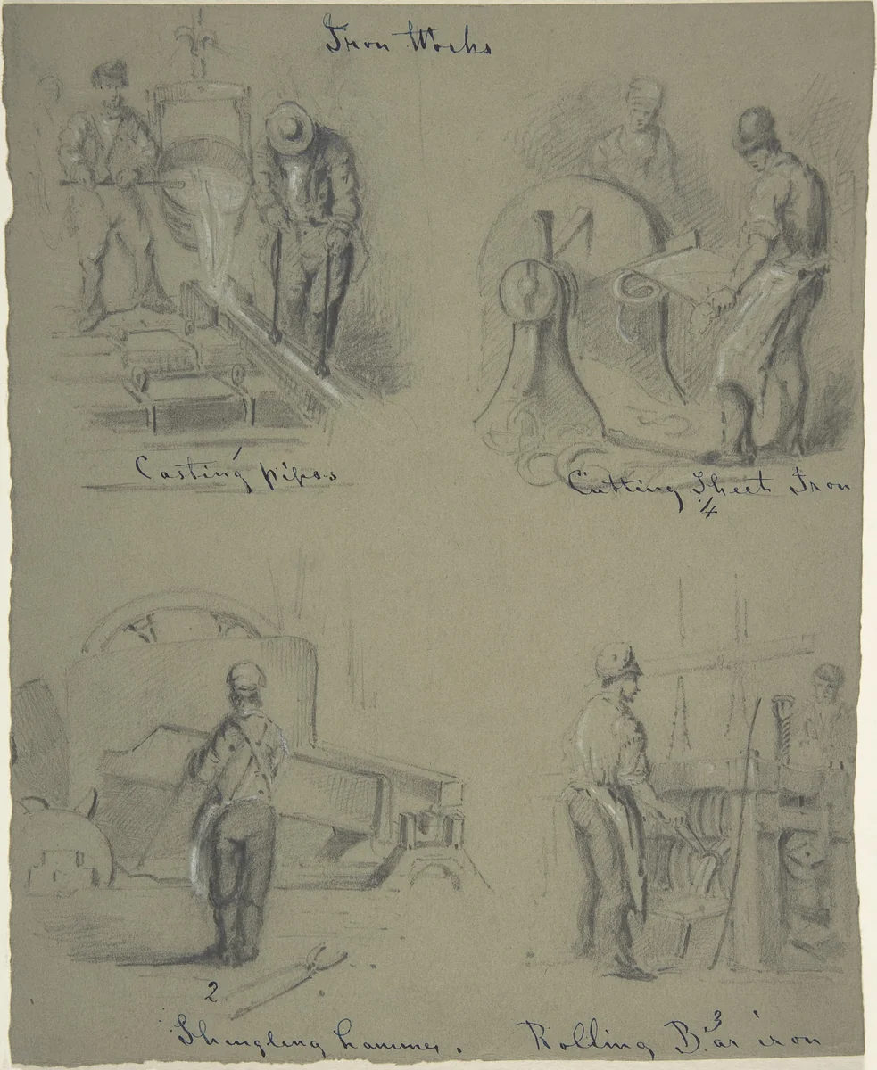 Four drawings showing the manufacture of iron by anonymous, drawing, 1800-1899