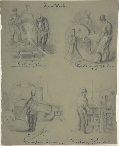 Four drawings showing the manufacture of iron by anonymous, drawing, 1800-1899