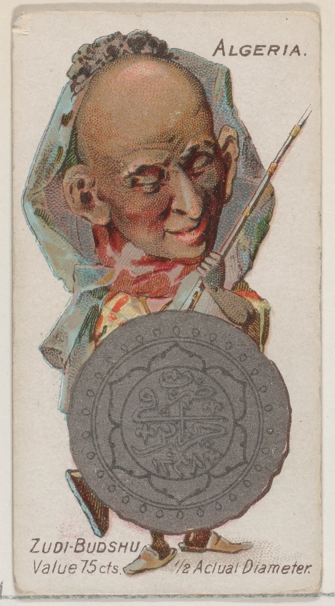 Caricatured Algerian, Zudi-Budshu, from the series Coins of All Nations (N72, variation 1) for Duke brand cigarettes by W. Duke, Sons & Co., print, 1889