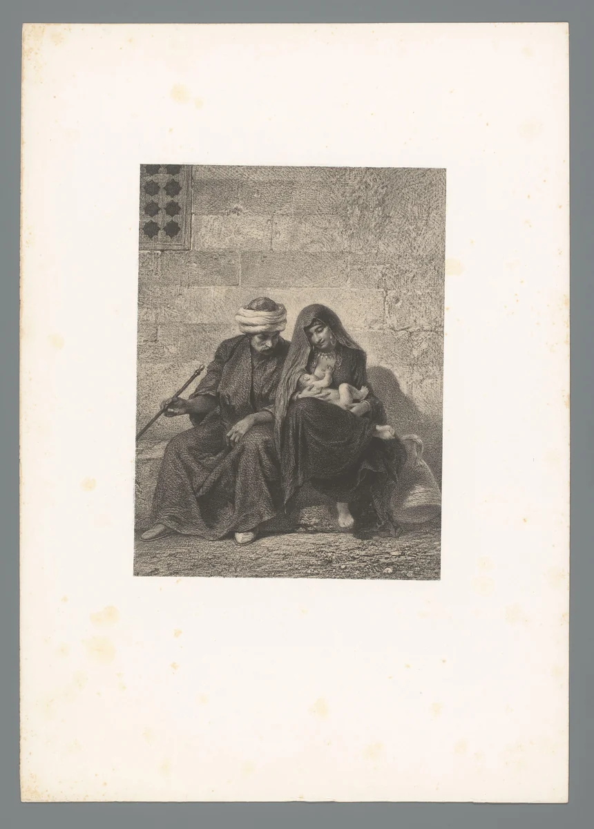 Man met tulband en vrouw met kind aan de borst op een bank by Adolphe Mouilleron, print, 1830-1881