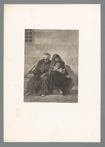 Man met tulband en vrouw met kind aan de borst op een bank by Adolphe Mouilleron, print, 1830-1881