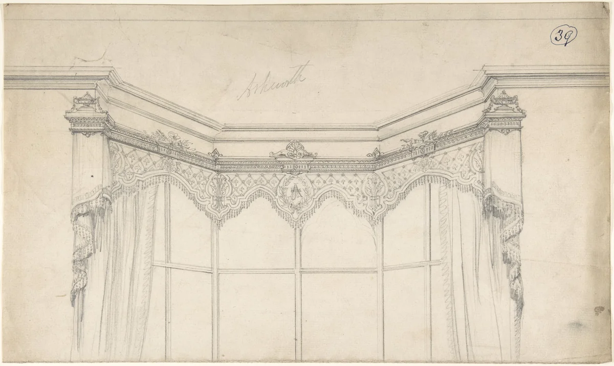 Partial Design for Bay Window with Monogrammed Curtains by Charles Hindley and Sons, drawing, 1841-1900