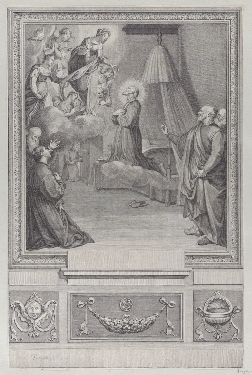 Plate 27: The female personification of Fortitude, holding a pillar and stroking a lion; from the 'Galeria nel Palazzo Farnese in Roma ... dipinta da Annibale Caracci' by Carlo Cesi, print, 1657