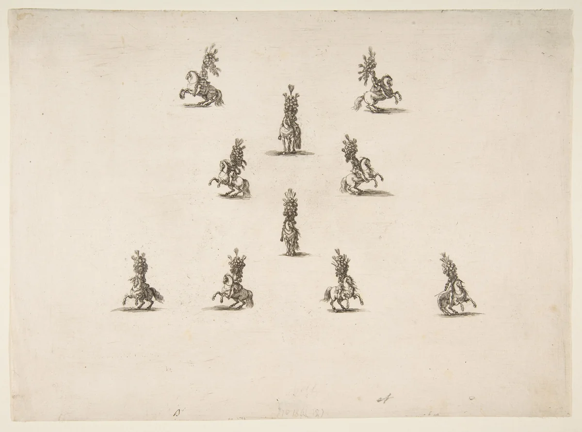 Ten Cavaliers Including Five Forming a V by Stefano della Bella, print, 1652