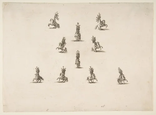 Ten Cavaliers Including Five Forming a V by Stefano della Bella, print, 1652