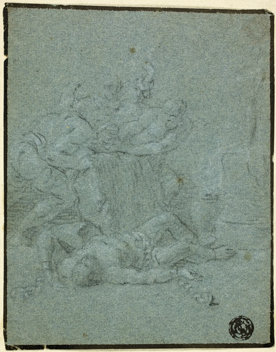 Two Men Holding Boulder over Prostrate Man with Manacles by Victor Honoré Janssens, drawing, 1675-1699