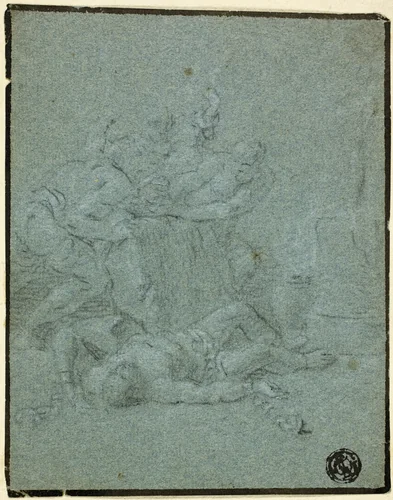 Two Men Holding Boulder over Prostrate Man with Manacles by Victor Honoré Janssens, drawing, 1675-1699